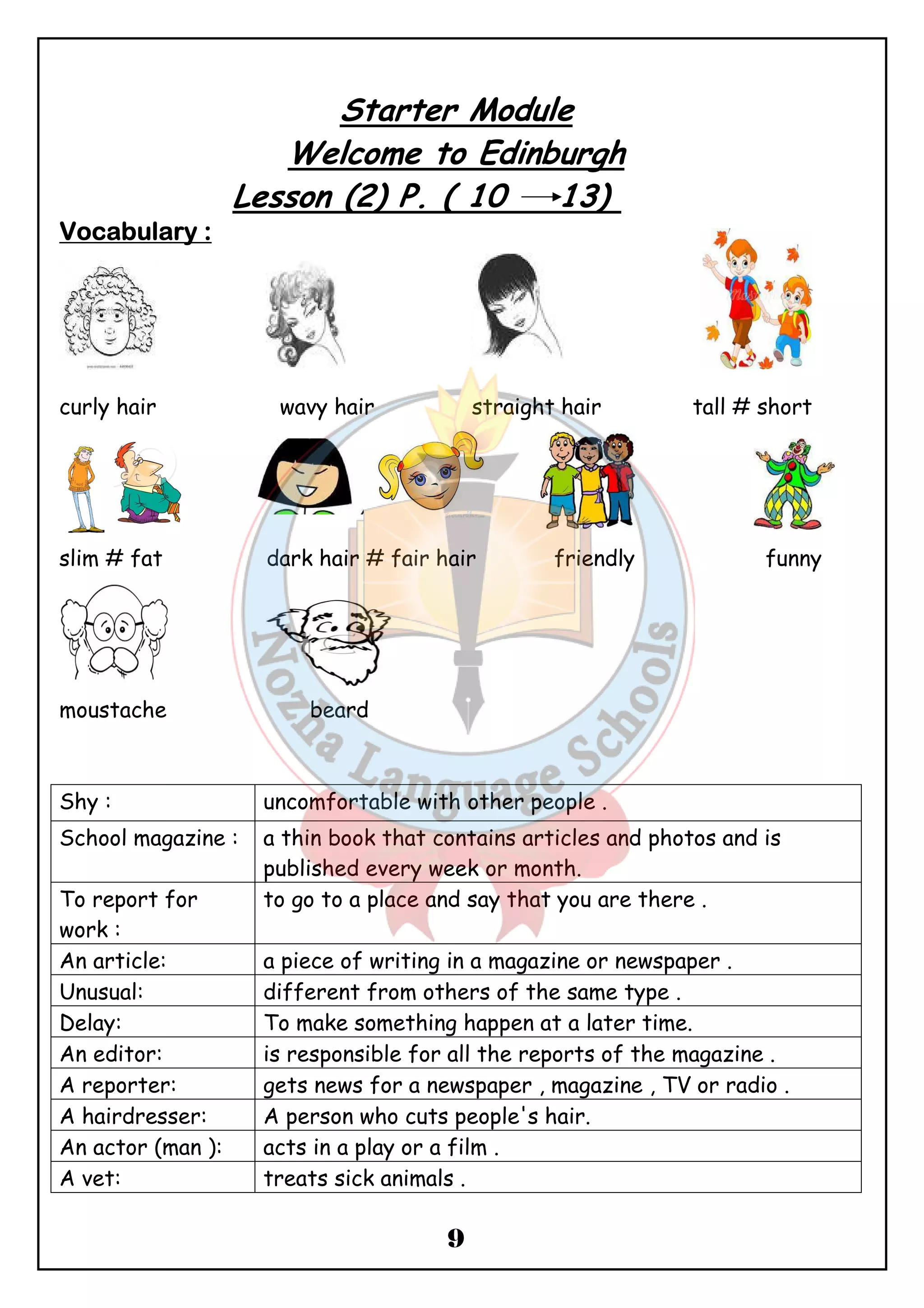 Starter Module 
Welcome to Edinburgh 
Lesson (2) P. ( 10 13) 
9 
VVVVooooccccaaaabbbbuuuullllaaaarrrryyyy :::: 
curly hair wavy hair straight hair tall # short 
slim # fat dark hair # fair hair friendly funny 
moustache beard 
Shy : uncomfortable with other people . 
School magazine : a thin book that contains articles and photos and is 
published every week or month. 
To report for 
work : 
to go to a place and say that you are there . 
An article: a piece of writing in a magazine or newspaper . 
Unusual: different from others of the same type . 
Delay: To make something happen at a later time. 
An editor: is responsible for all the reports of the magazine . 
A reporter: gets news for a newspaper , magazine , TV or radio . 
A hairdresser: A person who cuts people's hair. 
An actor (man ): acts in a play or a film . 
A vet: treats sick animals . 
 