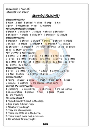 103 
Composition : Page 38: 
Students' own answer. 
Module(2)Unit(5) 
Underline:Page60: 
1-mash 2-peel 3-grilled 4- chop 5-chop 6-mix 
7-pour 8-mayonnaise 9-boil 10-mustard 
Put should/shouldn't:Page61: 
1-sholdn't 2-shouldn't 3-should 4-should 5-shouldn't 
6-shouldn't 7-should 8-shouldn't 9-shouldn't 10- should 
Underline:Page61: 
1-shouldn't 2-should 3-should 4-should 5-should 6-should 
7-should 8-should 9- shouldn't 10-shouldn't 11-should 
12-shouldn't 13-shouldn't 14-fight 15-drink 16-be 17-brush 
18-go 19-study 20-get up 
Put: a little-a few:Page62: 
1-a little 2- a little 3-a few 4-a little 5-a few 6- a little 
7- a few 8-a little 9-a few 10-a little 11-a little 12-a little 
13-a little 14-a few 15- a little 16-a few 17-a few 18- a few 
19- a little 20-a few 
Underline:Page63: 
1-a few 2-a little 3-a little 4-a few 5-a little 6-a few 
7-a few 8-a few 9-a little 10-a few 
Choose:Page63: 
1-having 2-wear 3-draw 4-brush 5-play-don't 6-has 
7-running 8-washing 9-are playing 10-am going 
Correct the verb:Page63: 
1-is cleaning 2-are visiting 3-is crying 4-are we eating 
5-is celebrating 6-makes 7-has 8-Does 9-goes 
10- are travelling 
Re-write:Page64: 
1-Ahmed shouldn't shout in the class. 
2-She should tidy her room. 
3-What are you doing? 
4-They are playing music. 
5-There is a little oil in the bottle. 
6-There aren't many toys in my room. 
7-He watches TV every night. 
 