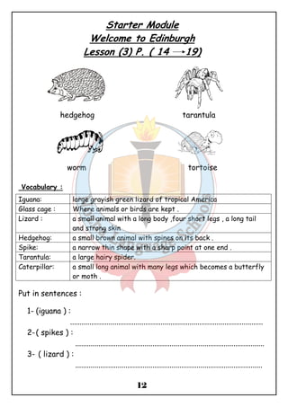 Starter Module 
Welcome to Edinburgh 
Lesson (3) P. ( 14 19) 
hedgehog tarantula 
worm tortoise 
Iguana: large grayish green lizard of tropical America 
Glass cage : Where animals or birds are kept . 
Lizard : a small animal with a long body ,four short legs , a long tail 
Hedgehog: a small brown animal with spines on its back . 
Spike: a narrow thin shape with a sharp point at one end . 
Tarantula: a large hairy spider. 
Caterpillar: a small long animal with many legs which becomes a butterfly 
12 
Vocabulary : 
and strong skin 
or moth . 
Put in sentences : 
1- (iguana ) : 
.................................................................................................... 
2-( spikes ) : 
.................................................................................................. 
3- ( lizard ) : 
................................................................................................. 
 
