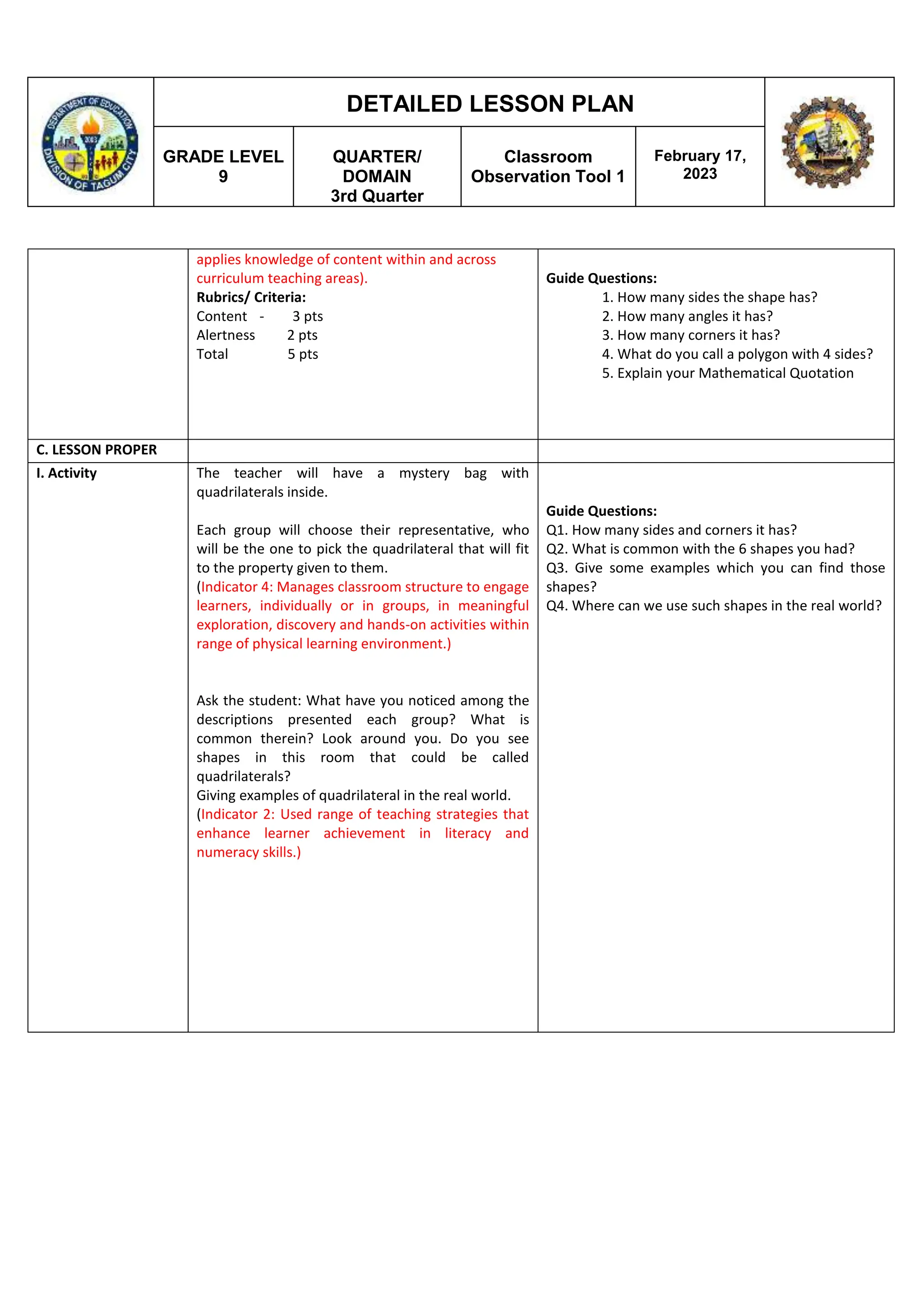 Lesson Plan For Quadrilateral Docx