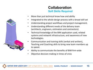 15DANIEL FRAWLEY - WOODS BAGOT
Collaboration
Soft Skills Required
• More than just technical know how and ability
• Integrated to the whole design process with a broad skill set
• Understanding project workflows and project management.
• Understanding different needs of the delivery team
(architects, engineers, estimators and contractors).
• Technical knowledge of the BIM application used, related
systems and network infrastructure, and awareness of new
technologies.
• Communication and training skills (verbal and written),
Teaching and Coaching skills to bring new team members up
to speed.
• Ability to communicate the benefits of BIM firm-wide
• Objective decision-making in times of crisis
 
