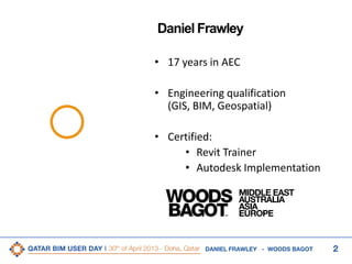 2DANIEL FRAWLEY - WOODS BAGOT
Daniel Frawley
• 17 years in AEC
• Engineering qualification
(GIS, BIM, Geospatial)
• Certified:
• Revit Trainer
• Autodesk Implementation
 