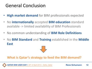 12Rene Schumann
General Conclusion
• High market demand for BIM professionals expected
• No internationally accepted BIM education standard
available -> limited availability of BIM Professionals
• No common understanding of BIM Role Definitions
• No BIM Standard and Training established in the Middle
East
What is Qatar‘s strategy to feed the BIM demand?
 