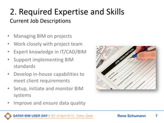 7Rene Schumann
2. Required Expertise and Skills
Current Job Descriptions
• Managing BIM on projects
• Work closely with project team
• Expert knowledge in IT/CAD/BIM
• Support implementing BIM
standards
• Develop in-house capabilities to
meet client requirements
• Setup, initiate and monitor BIM
systems
• Improve and ensure data quality
 