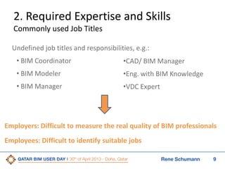 9Rene Schumann
2. Required Expertise and Skills
Commonly used Job Titles
Undefined job titles and responsibilities, e.g.:
• BIM Coordinator
• BIM Modeler
• BIM Manager
Employers: Difficult to measure the real quality of BIM professionals
Employees: Difficult to identify suitable jobs
•CAD/ BIM Manager
•Eng. with BIM Knowledge
•VDC Expert
 