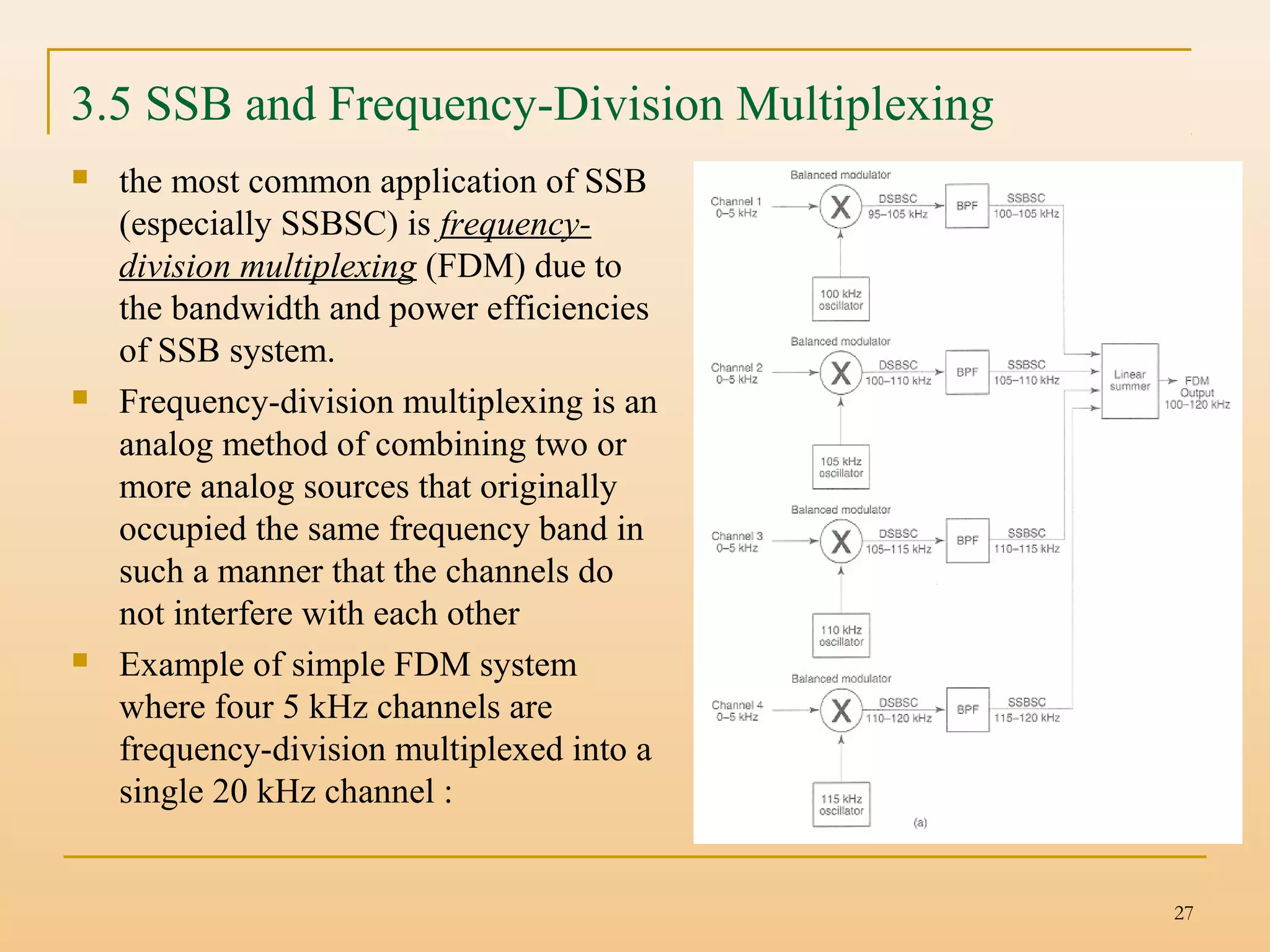 27
3.5 SSB and Frequency-Division Multiplexing
 the most common application of SSB
(especially SSBSC) is frequency-
division multiplexing (FDM) due to
the bandwidth and power efficiencies
of SSB system.
 Frequency-division multiplexing is an
analog method of combining two or
more analog sources that originally
occupied the same frequency band in
such a manner that the channels do
not interfere with each other
 Example of simple FDM system
where four 5 kHz channels are
frequency-division multiplexed into a
single 20 kHz channel :
 