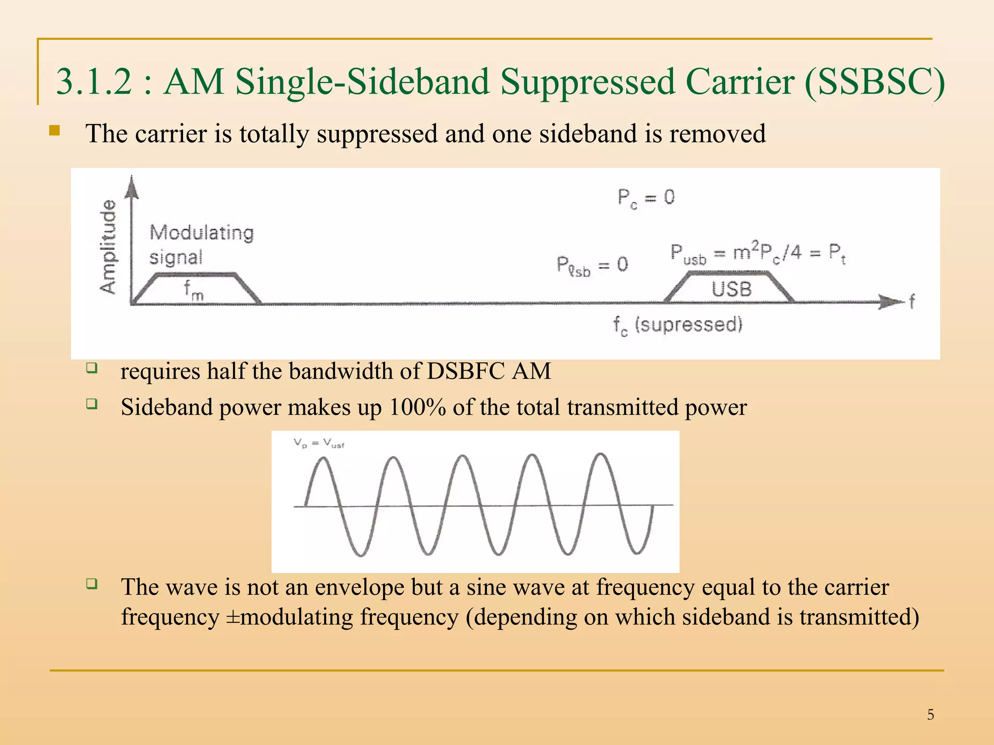 5
3.1.2 : AM Single-Sideband Suppressed Carrier (SSBSC)
 The carrier is totally suppressed and one sideband is removed
 requires half the bandwidth of DSBFC AM
 Sideband power makes up 100% of the total transmitted power
 The wave is not an envelope but a sine wave at frequency equal to the carrier
frequency ±modulating frequency (depending on which sideband is transmitted)
 