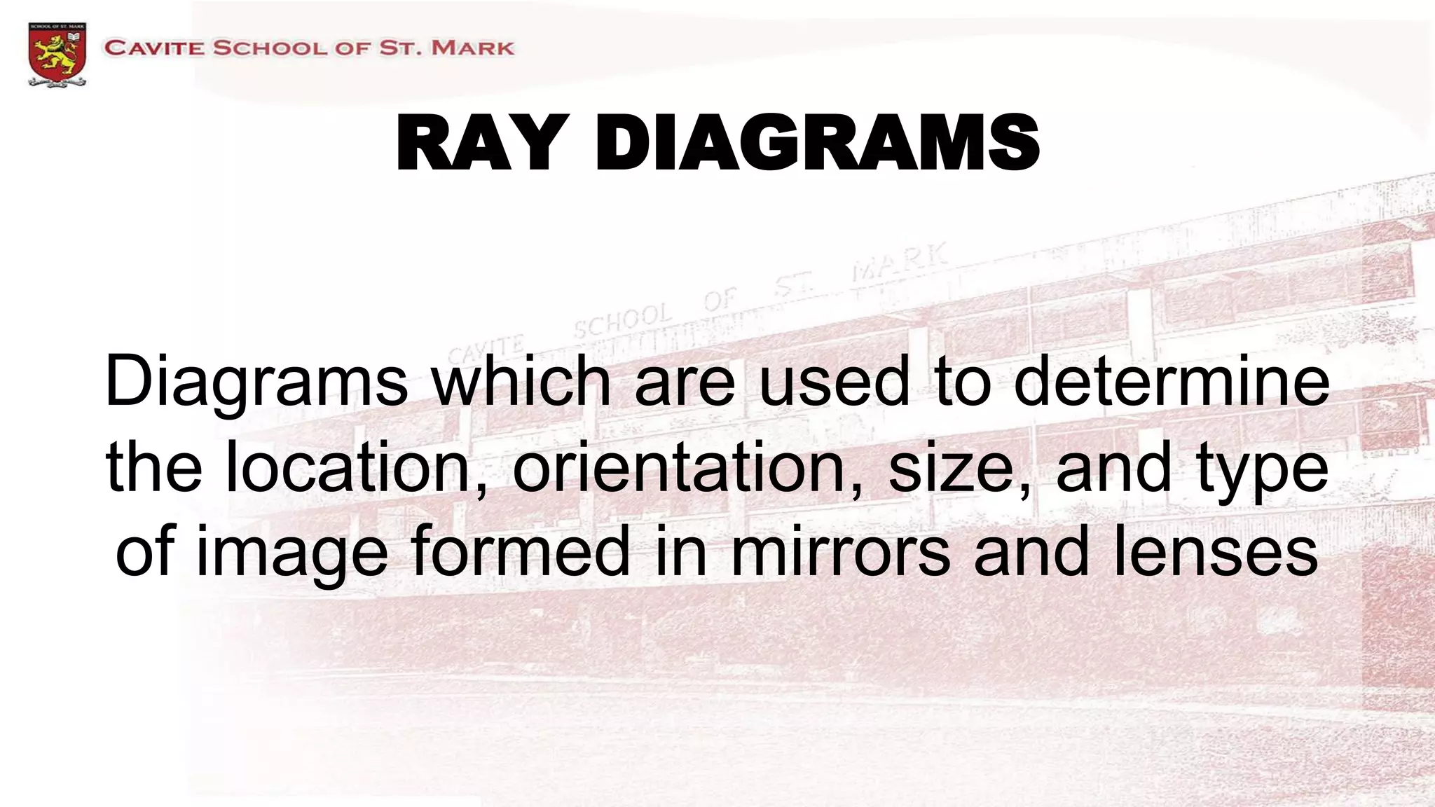 RAY DIAGRAMS
Diagrams which are used to determine
the location, orientation, size, and type
of image formed in mirrors and lenses