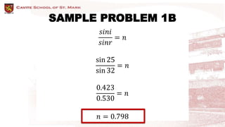 SAMPLE PROBLEM 1B
𝑠𝑖𝑛𝑖
𝑠𝑖𝑛𝑟
= 𝑛
sin 25
sin 32
= 𝑛
0.423
0.530
= 𝑛
𝑛 = 0.798
 