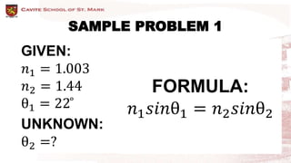 SAMPLE PROBLEM 1
GIVEN:
𝑛1 = 1.003
𝑛2 = 1.44
θ1 = 22 ̊
UNKNOWN:
θ2 =?
FORMULA:
𝑛1𝑠𝑖𝑛θ1 = 𝑛2𝑠𝑖𝑛θ2
 