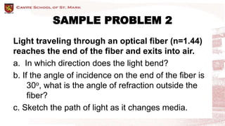 SAMPLE PROBLEM 2
Light traveling through an optical fiber (n=1.44)
reaches the end of the fiber and exits into air.
a. In which direction does the light bend?
b. If the angle of incidence on the end of the fiber is
30o, what is the angle of refraction outside the
fiber?
c. Sketch the path of light as it changes media.
 