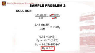 SAMPLE PROBLEM 2
SOLUTION:
1.44 sin 30 ̊
1.00
=
1.00 𝑠𝑖𝑛θ2
1.00
1.44 sin 30 ̊
1.00
= 𝑠𝑖𝑛θ2
0.72 = 𝑠𝑖𝑛θ2
θ2 = 𝑠𝑖𝑛−1
(0.72)
θ2 = 46.05448044 ̊
θ2 = 46 ̊
 