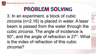 3. In an experiment, a block of cubic
zirconia (n=2.16) is placed in water. A laser
beam is passed from the water through the
cubic zirconia. The angle of incidence is
50°, and the angle of refraction is 27°. What
is the index of refraction of this cubic
zirconia?
 