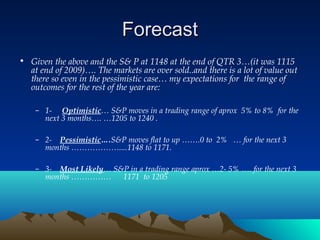 ForecastForecast
• Given the above and the S& P at 1148 at the end of QTR 3…(it was 1115
at end of 2009)…. The markets are over sold..and there is a lot of value out
there so even in the pessimistic case… my expectations for  the range of
outcomes for the rest of the year are:
– 1-     Optimistic… S&P moves in a trading range of aprox  5% to 8%  for the
next 3 months…. …1205 to 1240 .
– 2-    Pessimistic….S&P moves flat to up …….0 to 2%   … for the next 3
months ………………....1148 to 1171.
– 3-    Most Likely… S&P in a trading range aprox …2- 5% …. for the next 3
months …………… 1171  to 1205
 