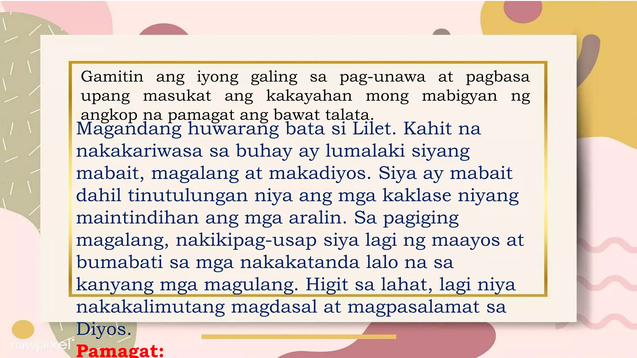 Lay Tagalog 3RD QUARTER FILIPINO Pagsasalaysay muli sa napakinggang teksto gamit ...