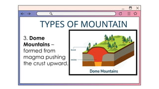 TYPES OF MOUNTAIN
3. Dome
Mountains –
formed from
magma pushing
the crust upward.
 