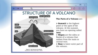 STRUCTURE OF A VOLCANO
The Parts of a Volcano are:
⮚ Summit is the highest
point or the apex of the
volcano. At the summit,
you have an opening called
vent.
⮚ Slopes are the sides or
flanks of a volcano that
radiate from the main or
central vent.
⮚ Base is lower outer part of
the volcano.
 