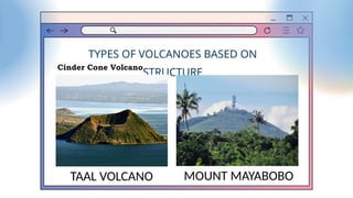 TYPES OF VOLCANOES BASED ON
STRUCTURE
Cinder Cone Volcano
TAAL VOLCANO MOUNT MAYABOBO
 