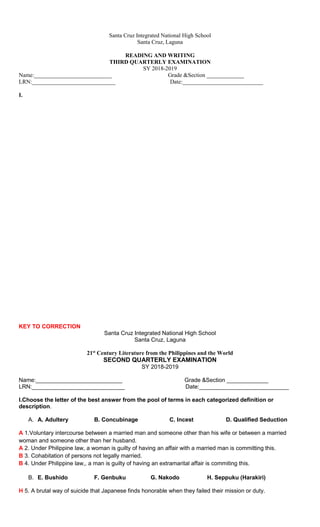 Santa Cruz Integrated National High School
Santa Cruz, Laguna
READING AND WRITING
THIRD QUARTERLY EXAMINATION
SY 2018-2019
Name:___________________________ Grade &Section _____________
LRN:_____________________________ Date:____________________________
I.
KEY TO CORRECTION
Santa Cruz Integrated National High School
Santa Cruz, Laguna
21st
Century Literature from the Philippines and the World
SECOND QUARTERLY EXAMINATION
SY 2018-2019
Name:___________________________ Grade &Section _____________
LRN:_____________________________ Date:____________________________
I.Choose the letter of the best answer from the pool of terms in each categorized definition or
description.
A. A. Adultery B. Concubinage C. Incest D. Qualified Seduction
A 1.Voluntary intercourse between a married man and someone other than his wife or between a married
woman and someone other than her husband.
A 2. Under Philippine law, a woman is guilty of having an affair with a married man is committing this.
B 3. Cohabitation of persons not legally married.
B 4. Under Philippine law,, a man is guilty of having an extramarital affair is commiting this.
B. E. Bushido F. Genbuku G. Nakodo H. Seppuku (Harakiri)
H 5. A brutal way of suicide that Japanese finds honorable when they failed their mission or duty.
 
