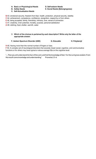 A. Basic or Physiological Needs D. Self-esteem Needs
B. Safety Needs E. Social Needs (Belongingness)
C. Self-Actualization Needs
B 43. emotional security, freedom from fear, health, protection, physical security, stability
C 44. achievement, competence, confidence, recognition, respect by or from others
E 46. being accepted, family, friendship, intimacy, love, sense of connection
C 47. creativity, inner potential, morality, purpose, personal satisfaction
A 48. clothing, food, shelter, warmth, water
D. Which of the choices is pertained by each description? Write only the letter of the
appropriate answer.
F. Autism Spectrum Disorder (ASD) G. Educable H. Polydactyl
H 49. Having more than the normal number of fingers or toes.
F 50. A complex set of neurological disorders that severely impair social, cognitive, and communicative
functions or for others may have typical or above average IQs on the cognitive level.
“…..Then you will understand the fear of the Lord, and find the knowledge of God. For the Lord gives wisdom; From
His mouth come knowledge and understanding.” Proverbs 2: 5-6
 