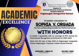 ACADEMIC
EXCELLENCE
EXCELLENCE
Republic of the Philippines
Republic of the Philippines
Department of Education
Department of Education
Region XI
Region XI
Schools Division of Davao Oriental
Schools Division of Davao Oriental
Cateel 2 District
Cateel 2 District
Paglusngan Integrated School
Paglusngan Integrated School
IS HEREBY AWARDED TO
SOPHIA V.ORGADA
for her outstanding Academic Performance as
WITH HONORS
WITH HONORS
of Grade 1-Aguinaldo with an average of 90% during the
Third Quarter Recognition of Achievers S.Y 2022-2023.
GERALDINE L. CABUG-OS RAYLINA F. NARA
CLASS ADVISER HEAD TEACHER II
Given this 5th day of May 2023 at Paglusngan Integrated
School, Paglusngan, Taytayan, Cateel, Davao Oriental.
 