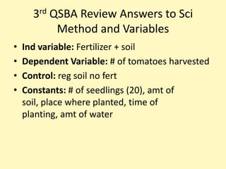 3rd QSBA Review Answers to Sci
           Method and Variables
•   Ind variable: Fertilizer + soil
•   Dependent Variable: # of tomatoes harvested
•   Control: reg soil no fert
•   Constants: # of seedlings (20), amt of
    soil, place where planted, time of
    planting, amt of water
 