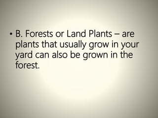 • B. Forests or Land Plants – are
plants that usually grow in your
yard can also be grown in the
forest.
 