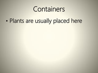 Containers
• Plants are usually placed here
 