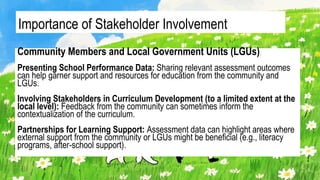 Importance of Stakeholder Involvement
Community Members and Local Government Units (LGUs):
Presenting School Performance Data: Sharing relevant assessment outcomes
can help garner support and resources for education from the community and
LGUs.
Involving Stakeholders in Curriculum Development (to a limited extent at the
local level): Feedback from the community can sometimes inform the
contextualization of the curriculum.
Partnerships for Learning Support: Assessment data can highlight areas where
external support from the community or LGUs might be beneficial (e.g., literacy
programs, after-school support).
 