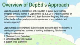Overview of DepEd’s Approach
DepEd's approach to assessment and evaluation is guided by several key
principles, primarily outlined in DepEd Order No. 8, s. 2015 (Policy Guidelines on
Classroom Assessment for the K to 12 Basic Education Program). This order
shifted the focus from purely summative assessment to a more holistic and
formative approach.
DepEd utilizes assessment and evaluation data, along with other mechanisms, to
identify and promote best practices in teaching and learning. This involves
looking at various levels:
1. Classroom Level Evaluation
2. School-Based Level Evaluaion
3. System-Wide Evaluation
 