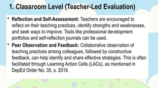 1. Classroom Level (Teacher-Led Evaluation)
• Reflection and Self-Assessment: Teachers are encouraged to
reflect on their teaching practices, identify strengths and weaknesses,
and seek ways to improve. Tools like professional development
portfolios and self-reflection journals can be used.
• Peer Observation and Feedback: Collaborative observation of
teaching practices among colleagues, followed by constructive
feedback, can help identify and share effective strategies. This is often
facilitated through Learning Action Cells (LACs), as mentioned in
DepEd Order No. 35, s. 2016.
 