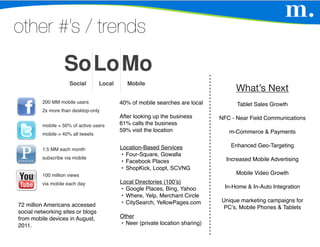 other #’s / trends


                                                                                  What’s Next
         200 MM mobile users            40% of mobile searches are local          Tablet Sales Growth
         2x more than desktop-only
                                        After looking up the business       NFC - Near Field Communications
         mobile = 50% of active users   61% calls the business
                                        59% visit the location                 m-Commerce & Payments
         mobile = 40% all tweets

                                        Location-Based Services                 Enhanced Geo-Targeting
         1.5 MM each month
                                        • Four-Square, Gowalla
         subscribe via mobile                                                 Increased Mobile Advertising
                                        • Facebook Places
                                        • ShopKick, Loopt, SCVNG
         100 million views                                                        Mobile Video Growth
         via mobile each day            Local Directories (100’s)
                                        • Google Places, Bing, Yahoo          In-Home & In-Auto Integration
                                        • Where, Yelp, Merchant Circle
                                        • CitySearch, YellowPages.com       Unique marketing campaigns for
72 million Americans accessed                                                PC’s, Mobile Phones & Tablets
social networking sites or blogs
from mobile devices in August,          Other
2011.                                   • Neer (private location sharing)
 