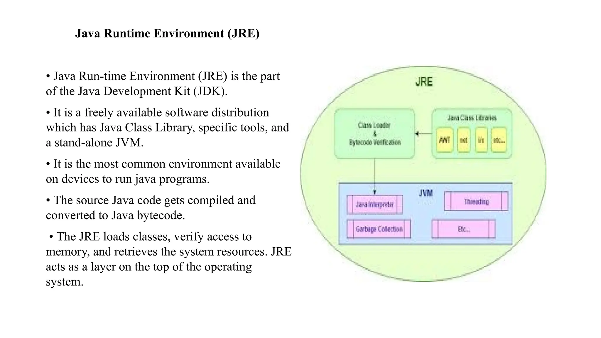 Java Runtime Environment (JRE) • Java Run-time Environment (JRE) is the part of the Java Development Kit (JDK). • It is a freely available software distribution which has Java Class Library, specific tools, and a stand-alone JVM. • It is the most common environment available on devices to run java programs. • The source Java code gets compiled and converted to Java bytecode. • The JRE loads classes, verify access to memory, and retrieves the system resources. JRE acts as a layer on the top of the operating system. 