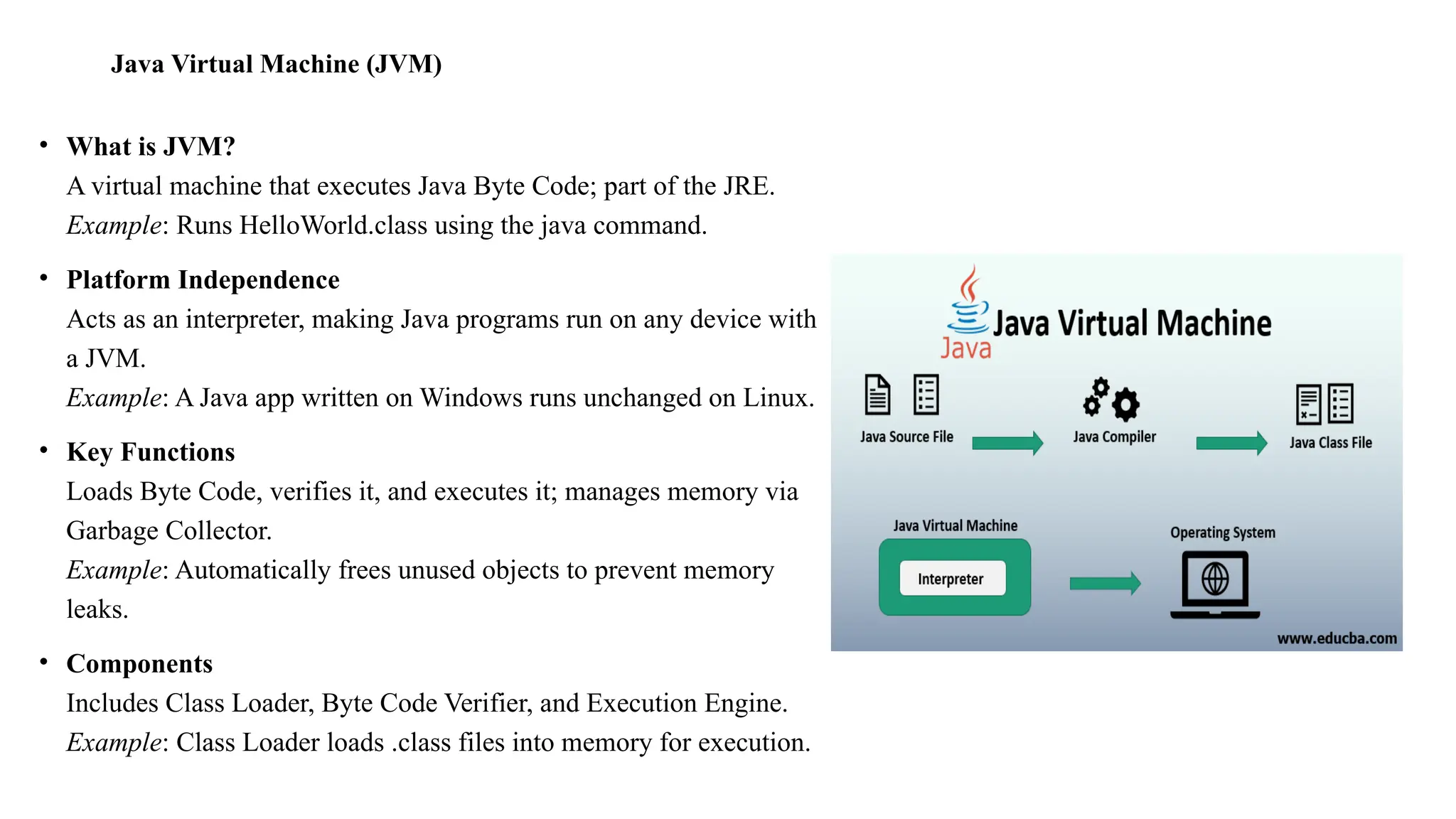 Java Virtual Machine (JVM) • What is JVM? A virtual machine that executes Java Byte Code; part of the JRE. Example: Runs HelloWorld.class using the java command. • Platform Independence Acts as an interpreter, making Java programs run on any device with a JVM. Example: A Java app written on Windows runs unchanged on Linux. • Key Functions Loads Byte Code, verifies it, and executes it; manages memory via Garbage Collector. Example: Automatically frees unused objects to prevent memory leaks. • Components Includes Class Loader, Byte Code Verifier, and Execution Engine. Example: Class Loader loads .class files into memory for execution. 
