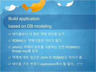 Build application
based on DB modeling
테이블보다 더 많은 객체 생성을 요구.
RDBMS는 객체지향과 거리가 멀다.
JAVA는 객체의 참조를 사용하는 반면 RDBMS는
foreign key를 참조.
객체에 대한 접근은 JAVA 와 RDBMS간 차이가 큼.
테이블 구조 변경시 application에서 할 일이…ㅜㅜ
 