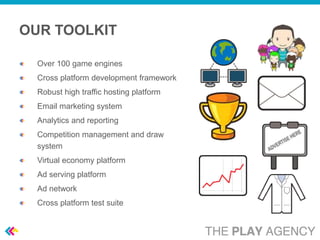OUR TOOLKIT

  Over 100 game engines
  Cross platform development framework
  Robust high traffic hosting platform
  Email marketing system
  Analytics and reporting
  Competition management and draw
  system
  Virtual economy platform
  Ad serving platform
  Ad network
  Cross platform test suite
 