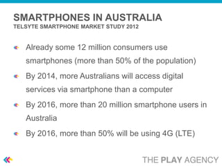 SMARTPHONES IN AUSTRALIA
TELSYTE SMARTPHONE MARKET STUDY 2012


   Already some 12 million consumers use
   smartphones (more than 50% of the population)
   By 2014, more Australians will access digital
   services via smartphone than a computer
   By 2016, more than 20 million smartphone users in
   Australia
   By 2016, more than 50% will be using 4G (LTE)
 