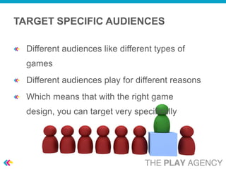 TARGET SPECIFIC AUDIENCES

  Different audiences like different types of
  games
  Different audiences play for different reasons
  Which means that with the right game
  design, you can target very specifically
 