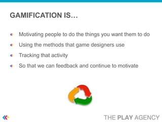 GAMIFICATION IS…

  Motivating people to do the things you want them to do
  Using the methods that game designers use
  Tracking that activity
  So that we can feedback and continue to motivate
 