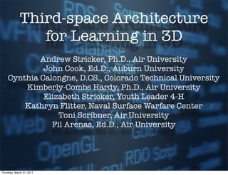 Third-space Architecture
                for Learning in 3D
            Andrew Stricker, Ph.D., Air University
             John Cook, Ed.D., Auburn University
    Cynthia Calongne, D.CS., Colorado Technical University
        Kimberly-Combs Hardy, Ph.D., Air University
             Elizabeth Stricker, Youth Leader 4-H
        Kathryn Flitter, Naval Surface Warfare Center
                 Toni Scribner, Air University
               Fil Arenas, Ed.D., Air University




Thursday, March 31, 2011
 