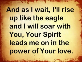 And as I wait, I'll rise
 up like the eagle
 and I will soar with
 You, Your Spirit
 leads me on in the
 power of Your love.
 