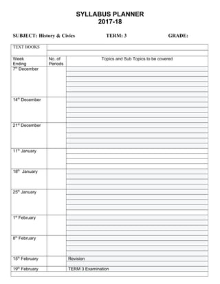 SYLLABUS PLANNER
2017-18
SUBJECT: History & Civics TERM: 3 GRADE:
TEXT BOOKS
Week
Ending
No. of
Periods
Topics and Sub Topics to be covered
7th
December
14th
December
21st
December
11th
January
18th
January
25th
January
1st
February
8th
February
15th
February Revision
19th
February TERM 3 Examination
 