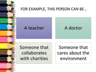 FOR	EXAMPLE,	THIS	PERSON	CAN	BE…
A	teacher A	doctor
Someone that
collaborates
with charities
Someone that
cares	about the
environment
 