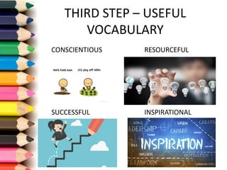 THIRD	STEP	– USEFUL	
VOCABULARY
CONSCIENTIOUS RESOURCEFUL
SUCCESSFUL INSPIRATIONAL
 