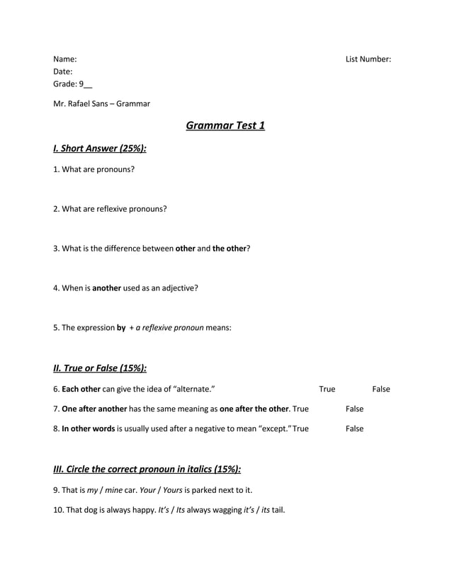[9th Grade] 3rd Period Test # 1 | DOC