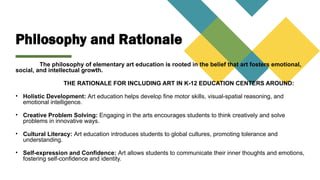 Philosophy and Rationale
The philosophy of elementary art education is rooted in the belief that art fosters emotional,
social, and intellectual growth.
THE RATIONALE FOR INCLUDING ART IN K-12 EDUCATION CENTERS AROUND:
• Holistic Development: Art education helps develop fine motor skills, visual-spatial reasoning, and
emotional intelligence.
• Creative Problem Solving: Engaging in the arts encourages students to think creatively and solve
problems in innovative ways.
• Cultural Literacy: Art education introduces students to global cultures, promoting tolerance and
understanding.
• Self-expression and Confidence: Art allows students to communicate their inner thoughts and emotions,
fostering self-confidence and identity.
 