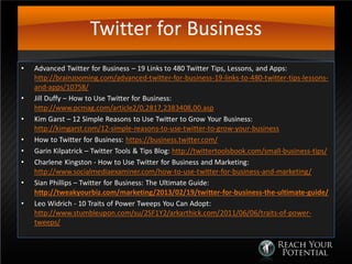 Twitter for Business
• Advanced Twitter for Business – 19 Links to 480 Twitter Tips, Lessons, and Apps:
http://brainzooming.com/advanced-twitter-for-business-19-links-to-480-twitter-tips-lessons-
and-apps/10758/
• Jill Duffy – How to Use Twitter for Business:
http://www.pcmag.com/article2/0,2817,2383408,00.asp
• Kim Garst – 12 Simple Reasons to Use Twitter to Grow Your Business:
http://kimgarst.com/12-simple-reasons-to-use-twitter-to-grow-your-business
• How to Twitter for Business: https://business.twitter.com/
• Garin Kilpatrick – Twitter Tools & Tips Blog: http://twittertoolsbook.com/small-business-tips/
• Charlene Kingston - How to Use Twitter for Business and Marketing:
http://www.socialmediaexaminer.com/how-to-use-twitter-for-business-and-marketing/
• Sian Phillips – Twitter for Business: The Ultimate Guide:
http://tweakyourbiz.com/marketing/2013/02/19/twitter-for-business-the-ultimate-guide/
• Leo Widrich - 10 Traits of Power Tweeps You Can Adopt:
http://www.stumbleupon.com/su/2SF1Y2/arkarthick.com/2011/06/06/traits-of-power-
tweeps/
 