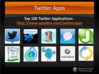 Twitter Apps
Top 100 Twitter Applications -
http://www.squidoo.com/twitterapps
 