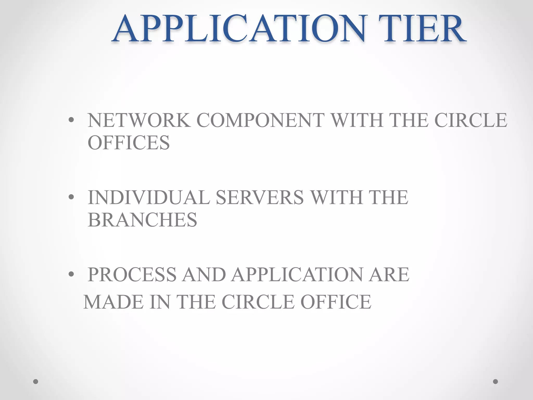 APPLICATION TIER
• NETWORK COMPONENT WITH THE CIRCLE
OFFICES
• INDIVIDUAL SERVERS WITH THE
BRANCHES
• PROCESS AND APPLICATION ARE
MADE IN THE CIRCLE OFFICE
 