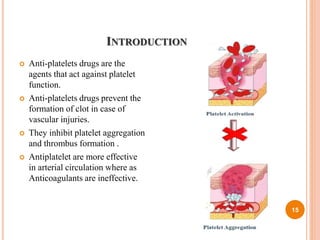 INTRODUCTION
 Anti-platelets drugs are the
agents that act against platelet
function.
 Anti-platelets drugs prevent the
formation of clot in case of
vascular injuries.
 They inhibit platelet aggregation
and thrombus formation .
 Antiplatelet are more effective
in arterial circulation where as
Anticoagulants are ineffective.
15
 